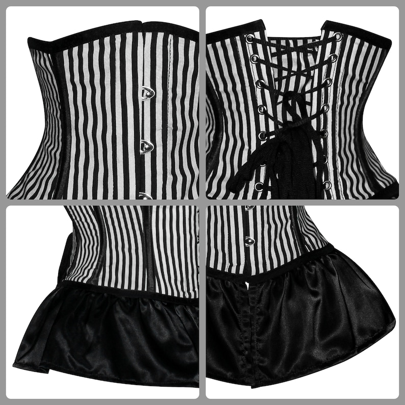 May include: A black and white striped corset with a black satin ruffle at the bottom. The corset has a lace-up back and metal eyelets.