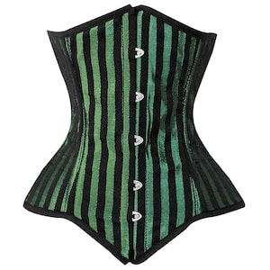 May include: A green and black striped corset with a boned structure and a busk closure in the front. The corset has a pointed bottom and is made of a satin-like fabric.