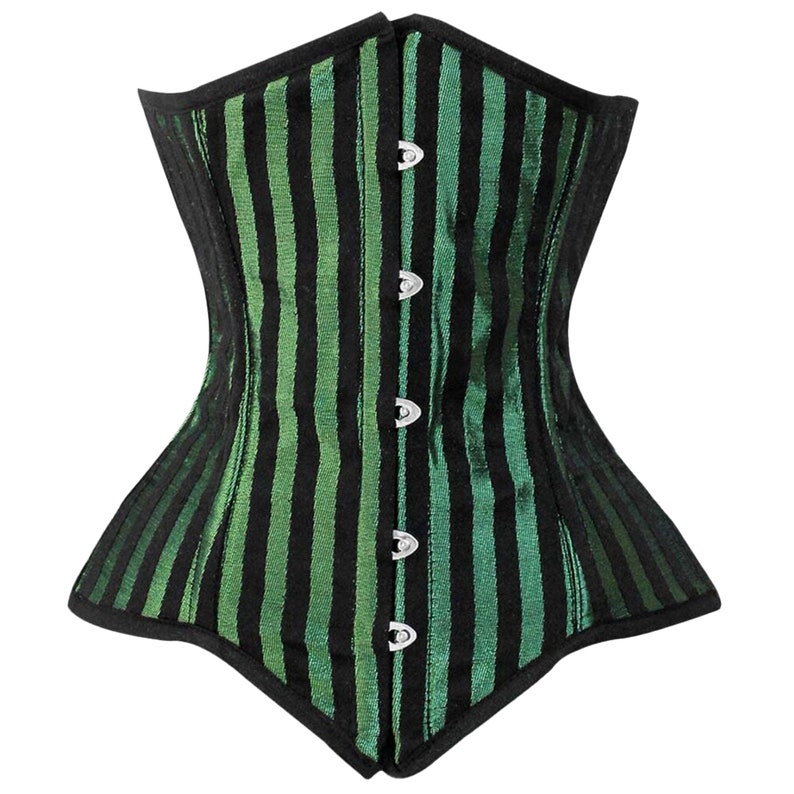 May include: A green and black striped corset with a boned structure and a busk closure in the front. The corset has a pointed bottom and is made of a satin-like fabric.