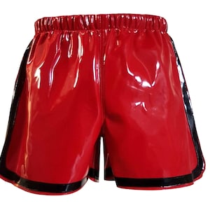 Boxer de sport pour hommes en cuir verni PVC avec taille élastique, fente sur l'ourlet latérale, cordon de serrage, poches arrière taille mi-haute devant plat