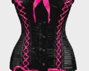 Black Satin Corset Pink Lace-Up Bow Women Boned Waist Cincher Gothic Burlesque Rave Costume