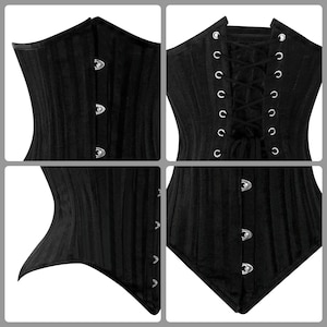 May include: A black corset with a lace-up back and metal eyelets. The corset has a boned structure and a smooth, satin-like finish.
