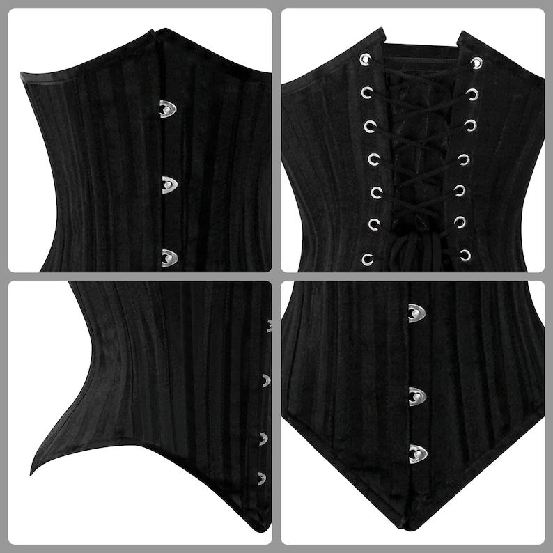 May include: A black corset with a lace-up back and metal eyelets. The corset has a boned structure and a smooth, satin-like finish.