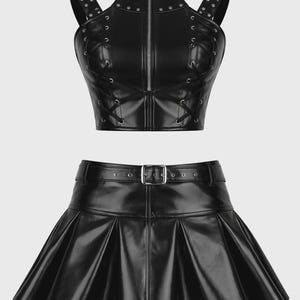 Black PVC Corset Set, Pleated Mini Skirt Vinyl Bustier for Festivals & Rave Fashion