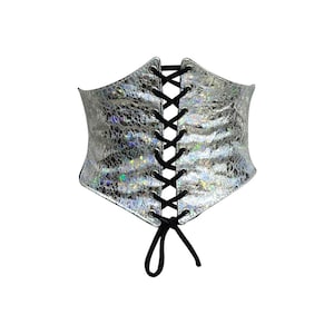 Silver Glitter PVC Corset Belt for Waist Training & Shaping - Front Lace Up, Button Closure, Underbust Shaper, Elastic waist, Antique Belted