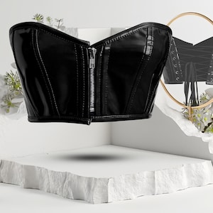 Handmade Y2K Plus Size Faux Leather Corset Bustier with Front Full Zipper Shiny PVC Lingerie Corselette Crop Top Back Drawstring Lace Up