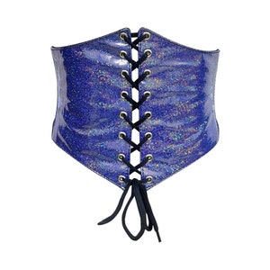 Rainbow Glitter PVC Corset Belt for Waist Training and Shaping - Front Lace Up and Button, Underbust Shaper, Elastic waist, Antique Belted