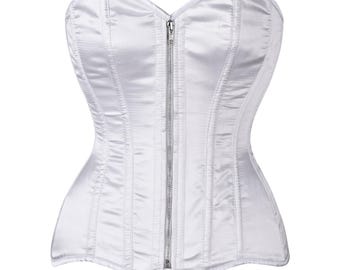 White Satin Overbust Corset | Steel Boned Lace Up Bustier | Gothic Bridal Halloween Top