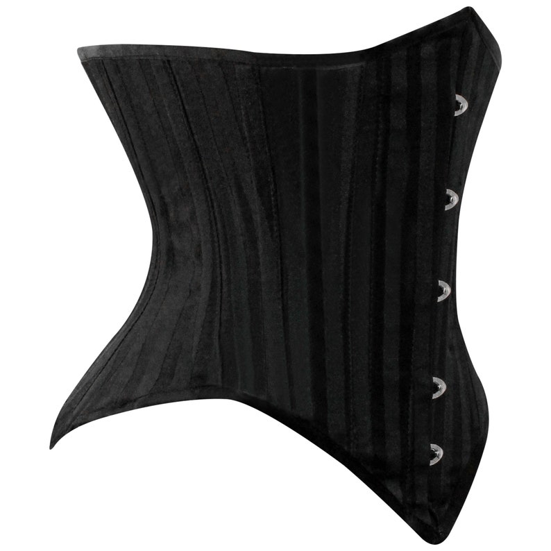 May include: A black corset with a satin finish and a busk closure. The corset has a smooth, sleek design and features a series of metal eyelets along the side.