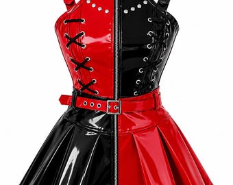 Red Black PVC Corset Set, Gothic Harlequin Cosplay Outfit, Pleated Skirt