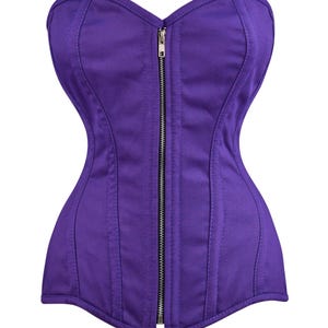 May include: A purple strapless corset with a front zipper closure. The corset has boning and seams for structure and support.