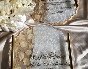 Personalized Nikkah & Engagement Ring Tray: Pearl White Resin, Gold Leaf and Handles