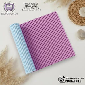 May include: A digital file for 3D printing featuring a purple square textured sheet with vertical ridges and a light blue cylindrical roller with vertical grooves. Text includes 20 mm Diameter, 100 mm Length, for Resin 3d printing, Commercial use allowed, CutterCoutureFiles, and INSTANT DOWNLOAD DIGITAL FILE.