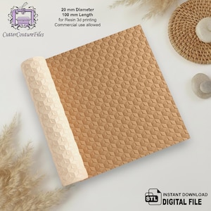 May include: A rolled-up beige sheet with a geometric pattern, next to a flat sheet with the same design. The text reads "20 mm Diameter 100 mm Length for Resin 3d printing Commercial use allowed". The image also includes the text "INSTANT DOWNLOAD DIGITAL FILE".