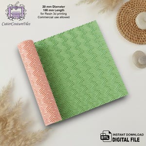 May include: A rolled-up, peach-colored resin sheet with a wave pattern next to a flat, green resin sheet with the same pattern. The text reads "20 mm Diameter, 100 mm Length for Resin 3d printing". The image is a digital file.