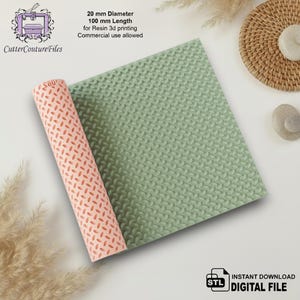 May include: A cylindrical rolling pin with a textured surface and a flat square sheet featuring a repeating leaf pattern. The text reads 20 mm Diameter, 100 mm Length for Resin 3d printing, Commercial use allowed, and STL INSTANT DOWNLOAD DIGITAL FILE.