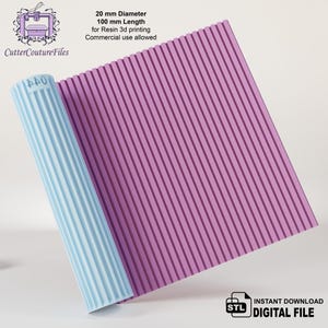 May include: A 3D printable model of a 20 mm diameter, 100 mm long ribbed column. The model is shown in a light blue and purple colour scheme. The text "CutterCoutureFiles" and "440" are visible on the model. The text "20 mm Diameter 100 mm Length for Resin 3d printing Commercial use allowed" is also visible. The text "INSTANT DOWNLOAD DIGITAL FILE" is visible in a white box with a blue STL icon.
