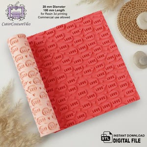 May include: A red rolling pin with a repeating "LOVE" speech bubble pattern, 20 mm diameter and 100 mm length. The rolled-up portion is a light peach color with the same pattern. Text on the image includes "CutterCoutureFiles" and "Instant Download Digital File".