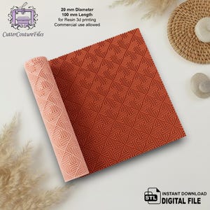 May include: A terracotta-colored cylindrical rolling pin with a geometric maze pattern, measuring 20 mm in diameter and 100 mm in length. The text reads 20 mm Diameter, 100 mm Length for Resin 3d printing, Commercial use allowed, and STL DIGITAL FILE.