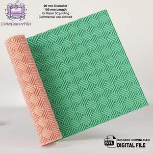 May include: A rolled-up, peach-colored 3D-printed cylinder with a repeating square pattern, next to a flat, green sheet with the same design. The cylinder is 20 mm in diameter and 100 mm in length. The image includes the text "CutterCoutureFiles" and "Instant Download Digital File".
