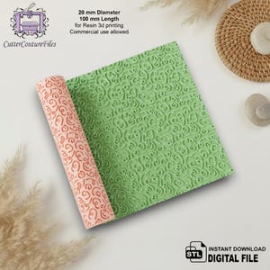 May include: A rolled pink and a green textured sheet with a swirling pattern. The pink sheet is rolled up, revealing a repeating design. The green sheet is flat and shows the full pattern. Text on the image reads: 20 mm Diameter, 100 mm Length, Digital File.