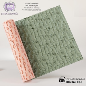 May include: A 3D printed rolling pin with a green Easter bunny and egg pattern. The rolling pin is 20 mm in diameter and 100 mm in length. The text "INSTANT DOWNLOAD DIGITAL FILE" is visible in the image.