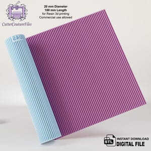 May include: A digital file for 3D printing a 20 mm diameter, 100 mm long corrugated sheet. The sheet is a light purple color and is shown rolled up. The text "CutterCoutureFiles" and "240" are visible on the sheet. The text "20 mm Diameter 100 mm Length for Resin 3d printing Commercial use allowed" is also visible.