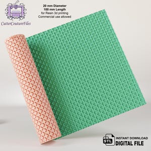 May include: A rolled peach-colored sheet with a repeating geometric pattern next to a flat, textured, green sheet. The image includes text that reads "20 mm Diameter, 100 mm Length for Resin 3d printing, Commercial use allowed" and "Instant Download Digital File".