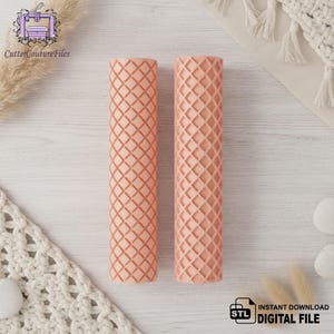 May include: Two peach-colored, cylindrical objects with a diamond grid pattern. The objects are standing upright. The image also includes the text "Cutter Couture Files" and "Instant Download Digital File".