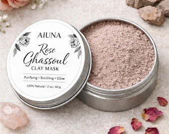 Mascarilla facial botánica de rosa orgánica - Mascarilla de arcilla Rhassoul ~ Belleza botánica marroquí orgánica ~ Cuidado natural de la piel ~ AIUNA ~ Cosmética vegetal