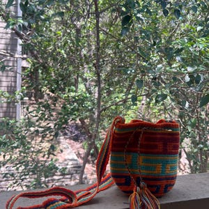 Wayuu  Aquamarine Orange Pattern Shoulder Bag -  Authentic Fair Trade Boho Wayuu Bag - Mochila - Handwoven Bucket Bag - Crochet Artisanry