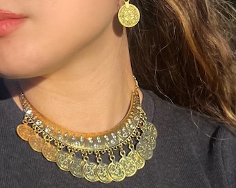 Conjunto de joyería Nour Gold Coin - Collar y pendientes hechos a mano - Joyería étnica árabe libanesa ~ Oriente Medio ~ Regalos para ella