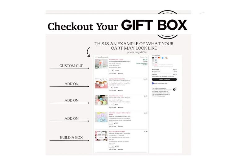 May include: Image of a gift box checkout page. Text reads "Checkout Your GIFT BOX" and "THIS IS AN EXAMPLE OF WHAT YOUR CART MAY LOOK LIKE prices may differ." The page shows a list of items with options to customize and add to the box.
