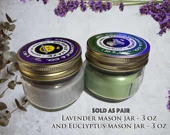 Juego de 2 velas de lavanda y eucalipto en frasco de vidrio para armar una caja. Crown Candle Company presenta un conjunto combinado de obsequios refrescantes para el cuidado personal.