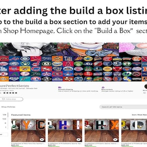 May include: Screenshot of an Etsy shop homepage with text instructions on how to add items to a build-a-box listing. The page features sports-themed items and a "Build a Box + Add One" option.