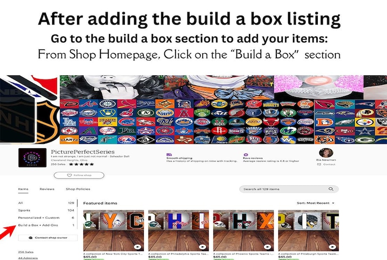 May include: Screenshot of an Etsy shop homepage with text instructions on how to add items to a build-a-box listing. The page features sports-themed items and a "Build a Box + Add One" option.