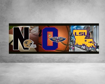 May include: A collage of images representing New Orleans, Louisiana. The collage features a football helmet, a basketball with the New Orleans Pelicans logo, and a map of Louisiana with the text "LSU" on it.