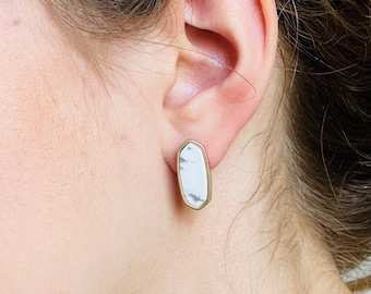 White Marble Hexagon Geometric Earrings • Aesthetic Stud Earrings • Minimalist Disc Earrings • Bridesmaid Drop Earrings • Dainty Earrings