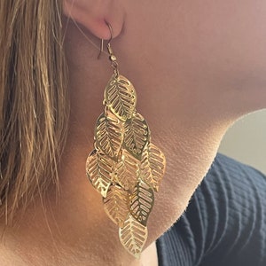 Gold Chandelier Earrings - Filigree Leaf Dangle Earrings - Gold Long Leaf Dangle Drop Earrings - Long Dangle Earrings