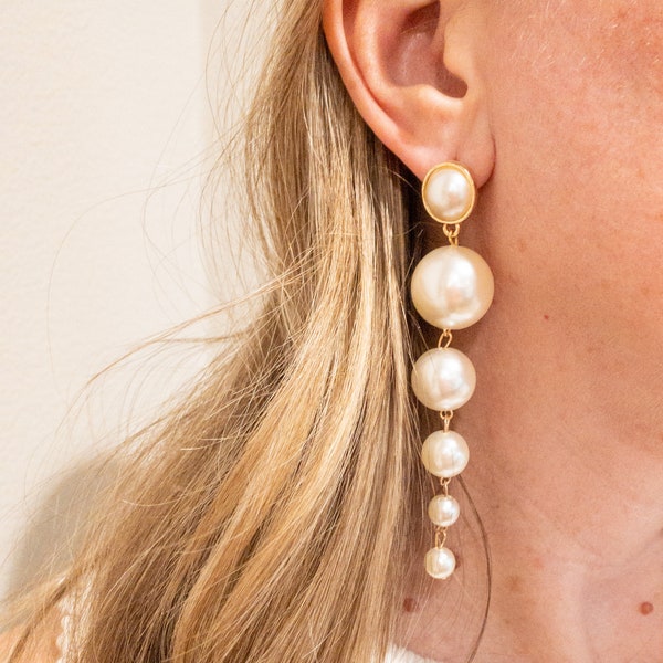 Large Pearl Long Drop Earrings • Pearl Statement Earrings • Big Bridal Drop Earrings •  Chandelier Earrings • Elegant Pearl Earrings