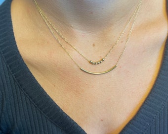 Dainty Gold Bead and Bar Layered Necklace Set • 18K Gold Thin Curved Bar Necklace • Everyday Tiny Bead Necklace • Gold Layering Necklaces