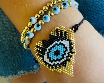 Evil Eye Stackable Bracelet Set • Gold Filled Beads • Protection Bracelet • Blue Evil Eye Stretch Bracelet • Arm Candy • Arm Stack