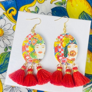 Sicilian Moor&#39;s Head Earrings: Handmade Wood Charms with Red Tassels