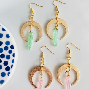 Crescent moon earrings, Crystal Quartz Earrings, Raw stone earrings, Moon Crystal earrings, Moon Quartz earrings, Angel aura earrings