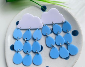 Pendientes de nube de lluvia: pendientes colgantes de nube blanca con gotas de lluvia, un bonito regalo para el clima.
