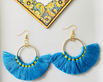 Pendientes bohemios con borlas hechos a mano: flecos turquesas, sin níquel
