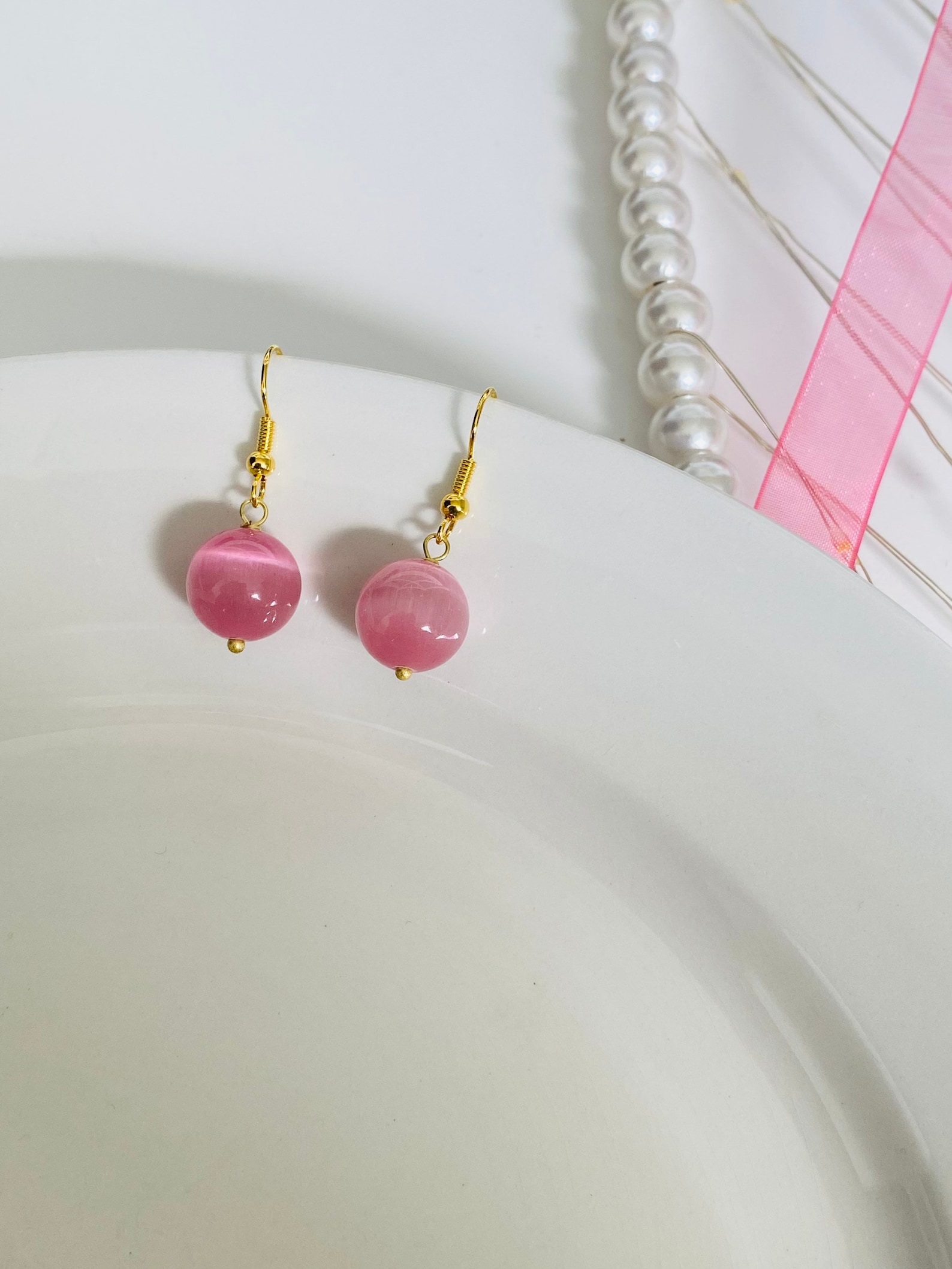 Round Pink Stone Earrings Minimalist Pink Stone Etsy