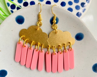 Cloud Raindrop Earrings: Pastel Pink Acrylic Dangle Earrings