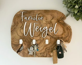 Schlüsselbrett Schlüsselkasten Familie personalisiert Holz Teakholz