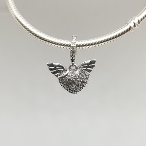 Sterling Silver Winged Heart Charm: CZ Pave Angel Wing